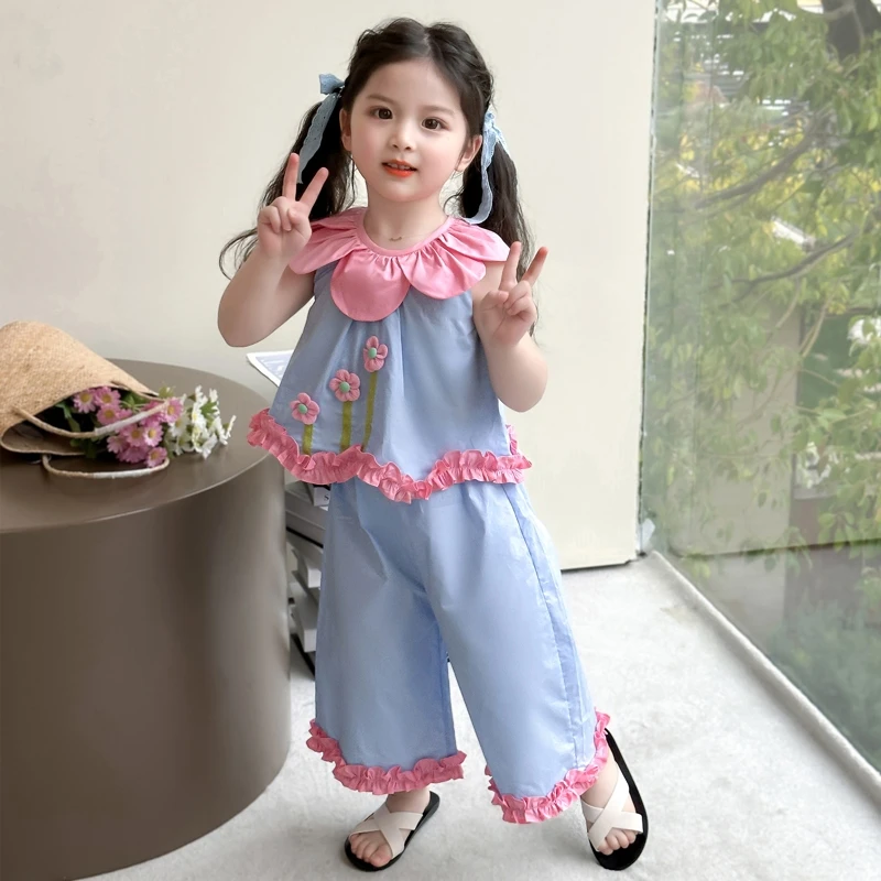 女小童韩版套装夏季2025新款宝宝花朵领背心夏装小女孩薄款两件套