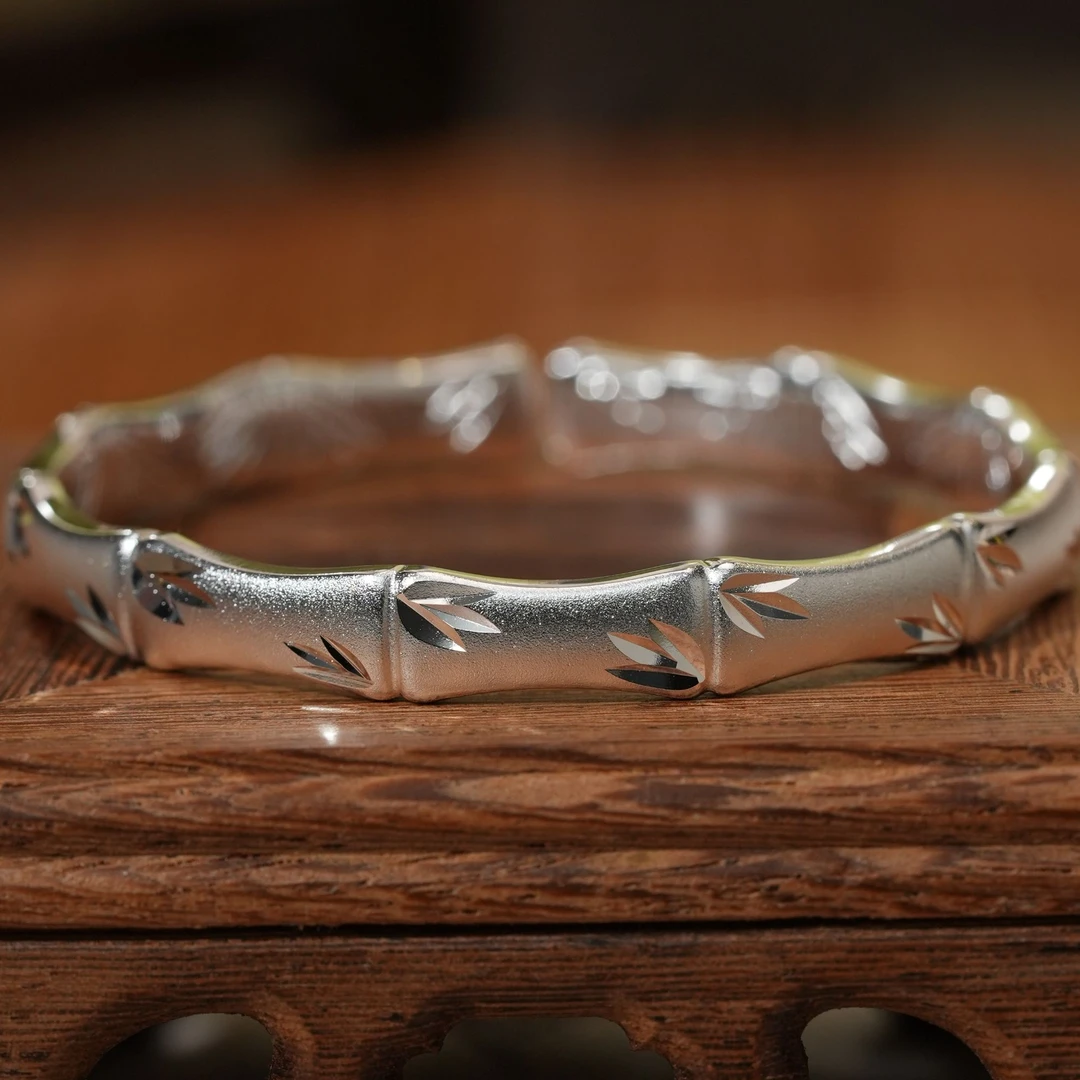 足银手镯 竹节开口雕花银手镯女中国风节节高升实心送女朋友礼物