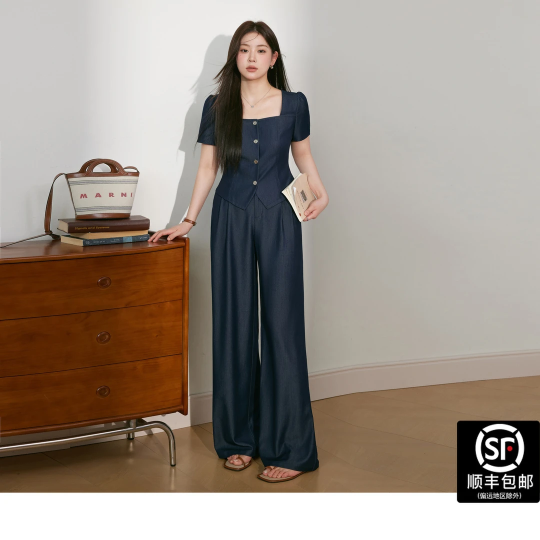 蓝语大码女装复古仿牛仔小衫上衣垂感阔腿裤夏显瘦气质套装16611