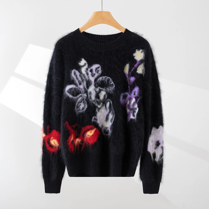 【加厚拉绒】重工拉绒款黑色提花圆领套头 wp 79001 繁花似锦
