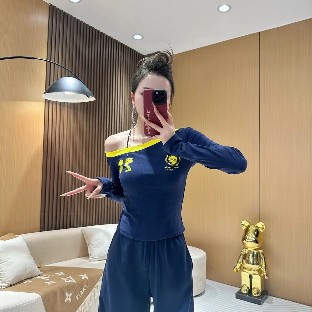 DA1526【拼色斜领字母T恤】美式流光风复古拼色字母修身显瘦上衣