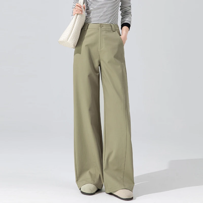 卡绿色裤子女2025秋季新款阔腿裤女高腰垂感梨型身材天丝棉直筒裤