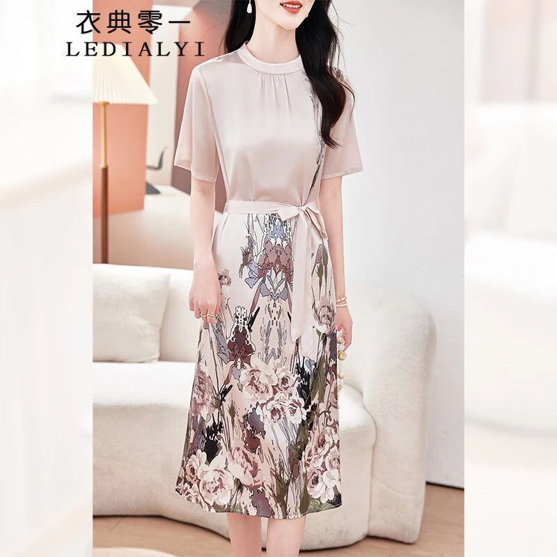 弹力缎重磅真丝连衣裙女中长款2025夏新款时尚减龄桑蚕丝短袖裙子