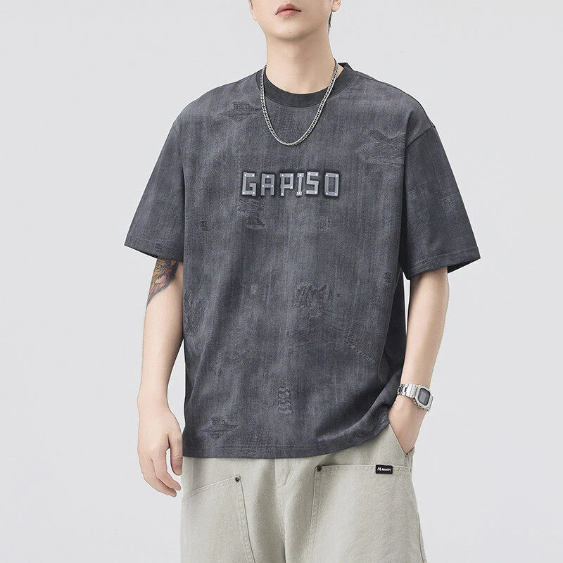 2025夏季棉质圆领T恤男士休闲印花宽松时尚舒适百搭短袖S6041