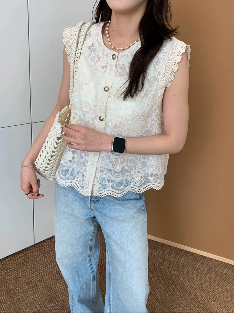 25050 B 韩版洋气短袖女2025夏季舒适刺绣蕾丝花边小衫