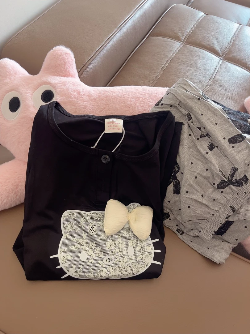 黑色小猫睡衣女春秋季薄款莫代尔圆领蕾丝蝴蝶结长袖长裤家居服