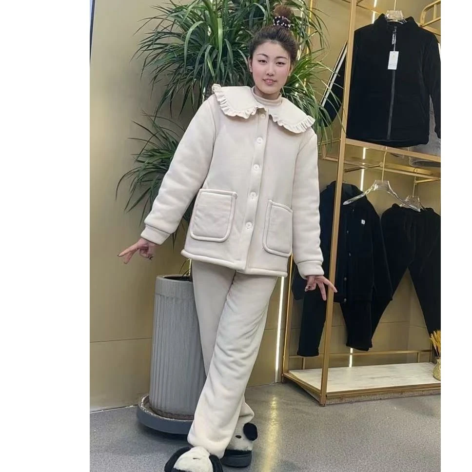 【上新】冬季女士海豚绒香风加厚时尚睡衣三层家居服套装可外穿