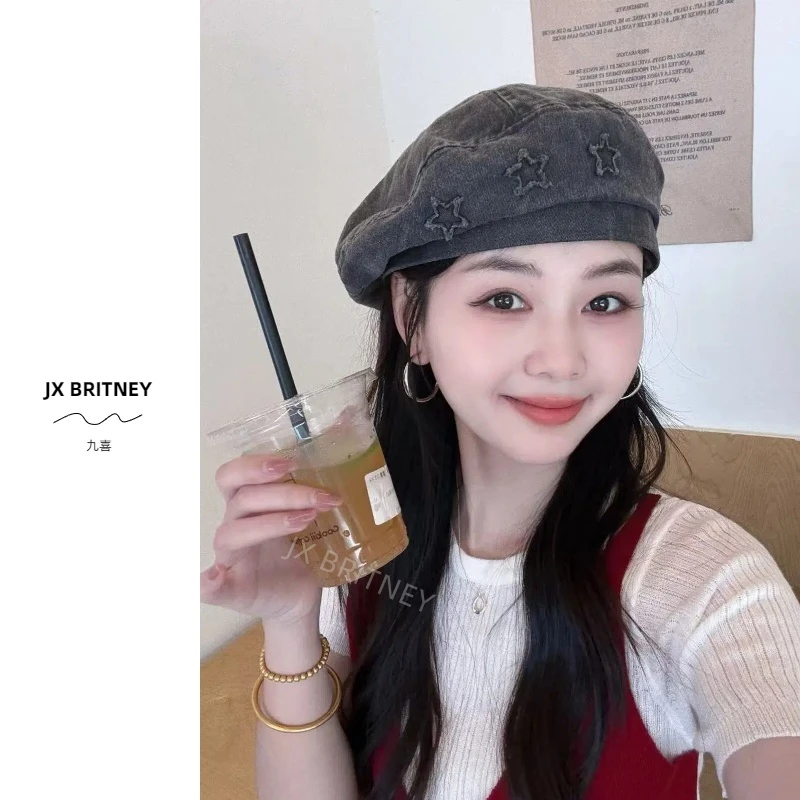 水洗做旧牛仔贝雷帽女2025新款大头围美式复古显脸小蓓蕾画家帽子