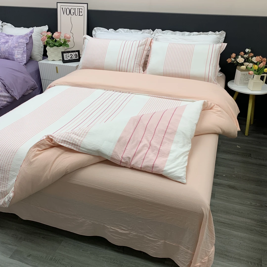 A类100纯棉四件套全棉色织水洗棉简约被套床单床上用品