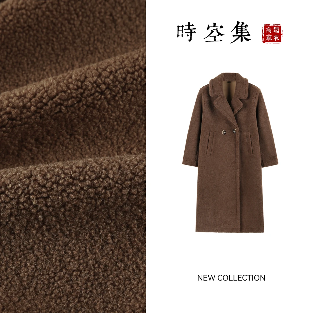 时空集时尚加厚颗粒复合摇粒绒大翻领长款保暖绒大衣冬女新AW079