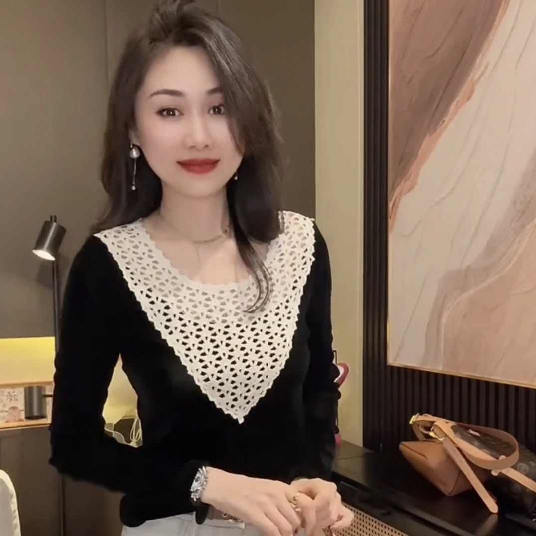 设计感镂空拼接丝绒长袖T恤女打底衫秋季新款法式时髦超好看上衣