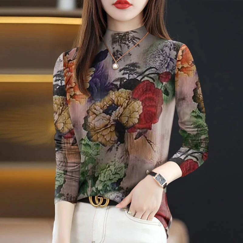 欧货时尚遮肉减龄女士上衣2025春秋款半高领印花妈妈装长袖t恤