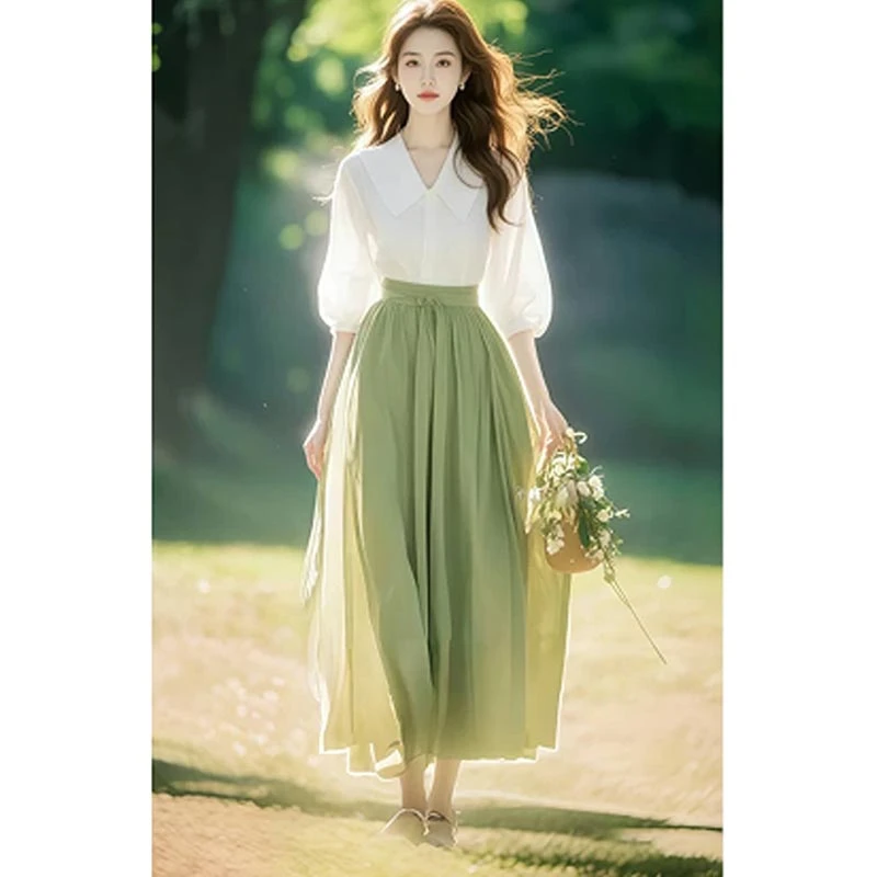 2025春季新款小清新森系穿搭显瘦减龄娃娃领衬衫半身裙两件套装女