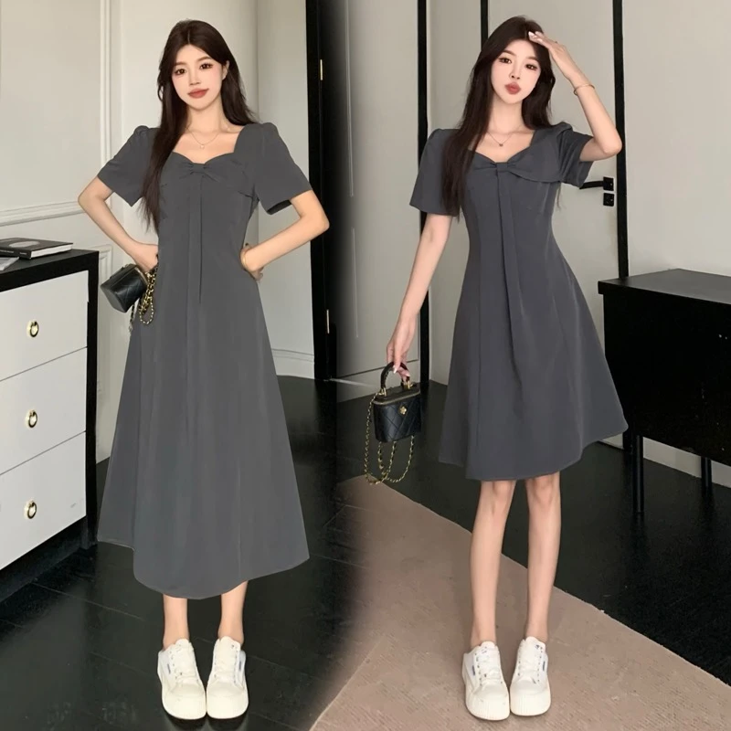 大码女装夏季新款茶歇法式方领气质连衣裙蝴蝶结设计感女短袖长裙
