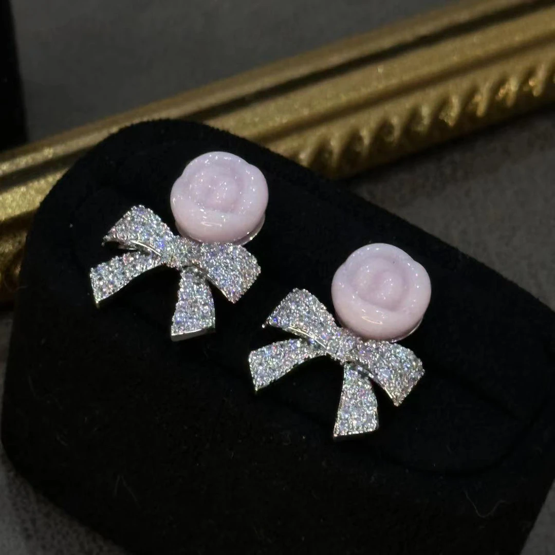 铜合金耳饰 粉色玫瑰花蝴蝶结耳饰-4482