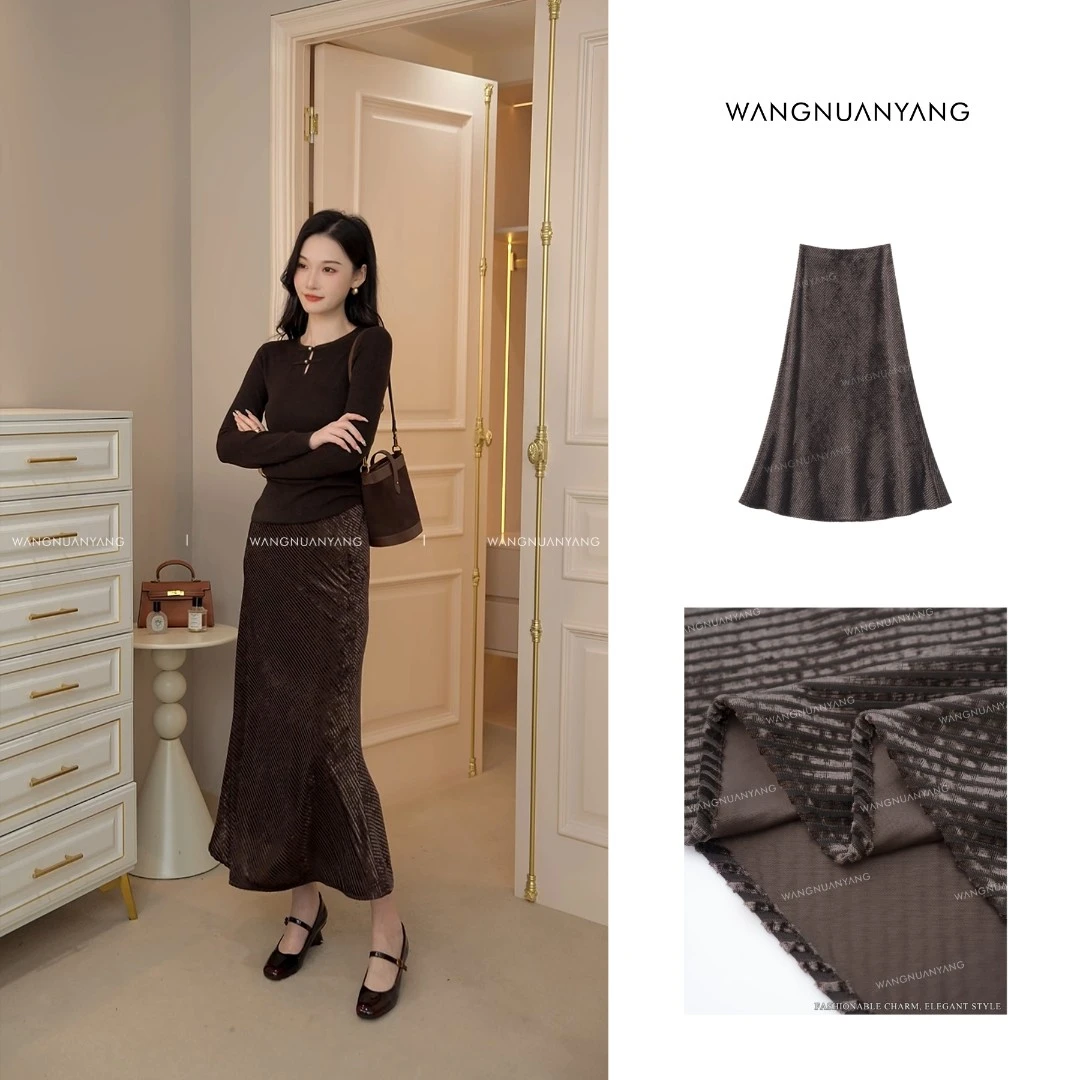 【王暖阳】金棕流光（加绒版）|亮闪闪斜条纹丝绒气质显瘦加厚鱼尾裙
