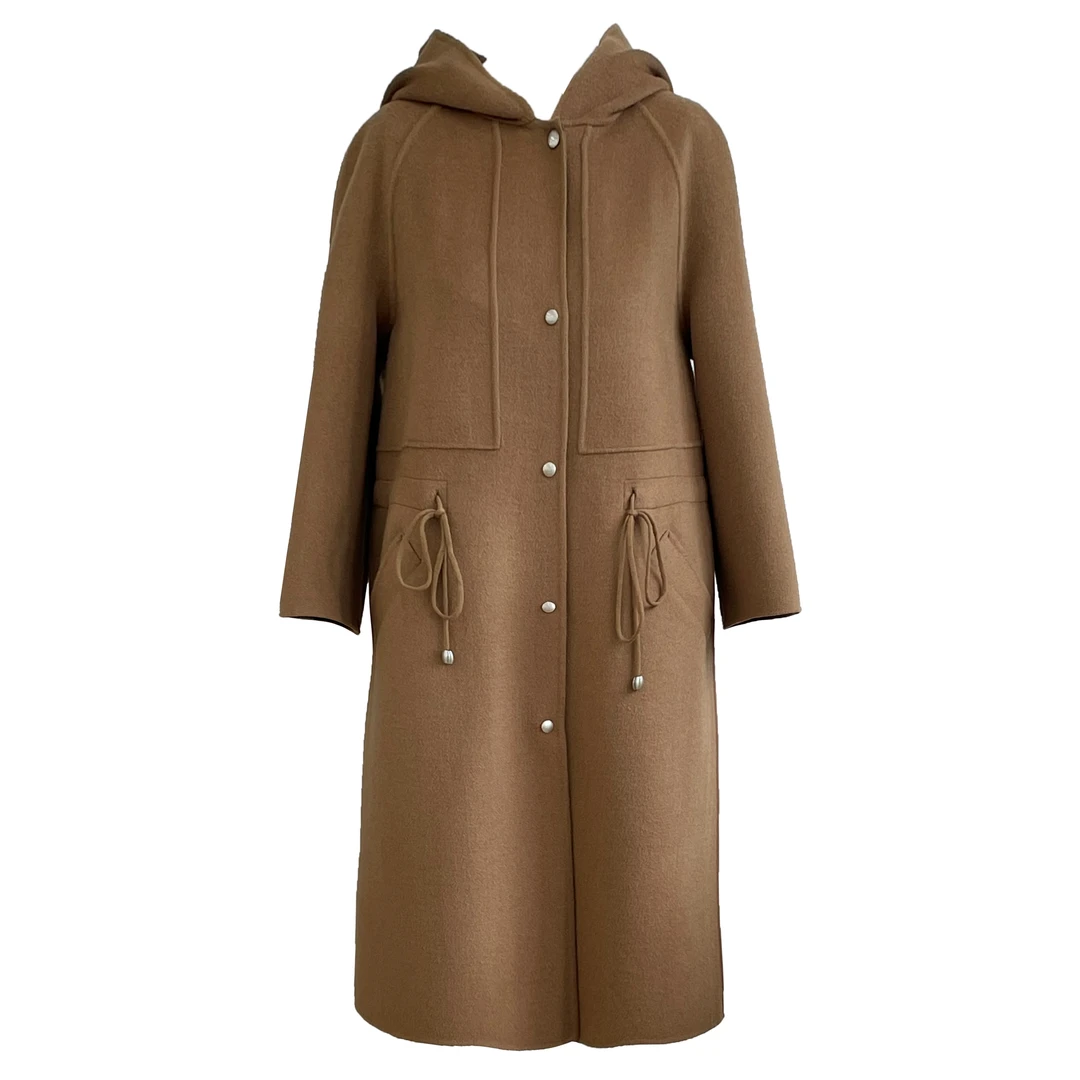 TENGS滕氏女装秋冬时尚logo印花棕色绵羊毛双面长款大衣