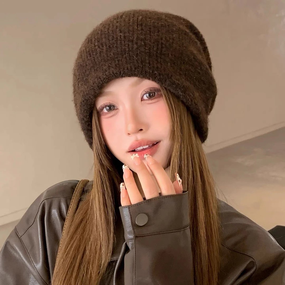 2025一帽两戴女潮套头冷帽翻边针织帽羊毛混纺堆堆帽秋冬保暖护耳