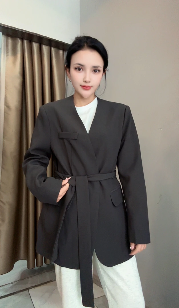 12110#韩版无领系带收腰V领休闲中长款女士西装外套