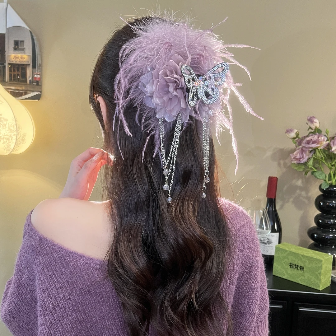 「格蕾香榭」蓬松气质蝴蝶抓夹新款高端流苏蓬松毛毛头饰鲨鱼夹