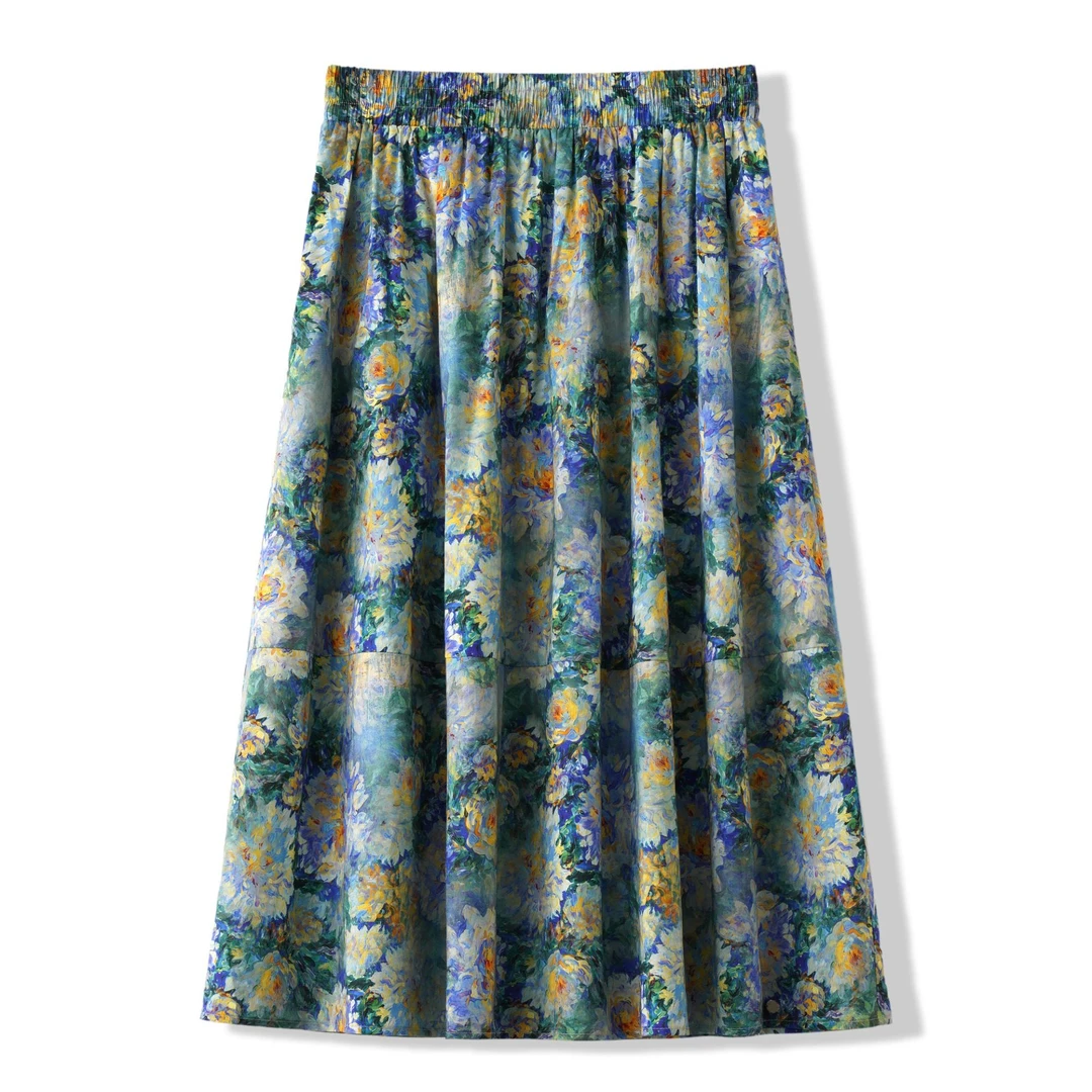 复古油画碎花半身裙女2025春夏新款高腰中长款显瘦松紧腰A字伞裙