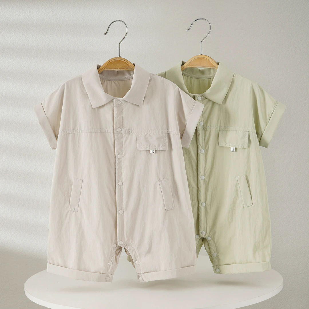 夏款新生儿男女宝时尚工装款短袖连体哈衣A类夏季单排扣宝宝爬服