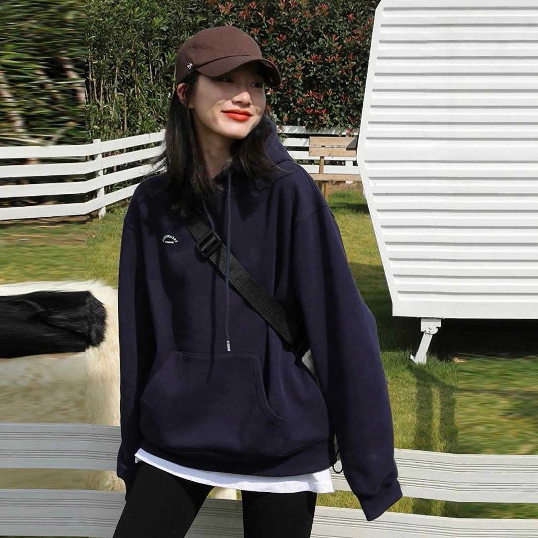 潮牌减龄藏蓝色春秋薄款连帽bf慵懒风卫衣女宽松小众加绒加厚外套