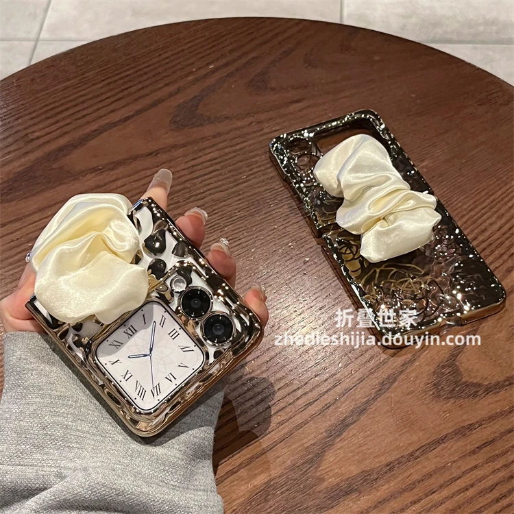 适用华为novaflip手机壳折叠透明电镀山茶花豹纹丝巾腕带保护套女