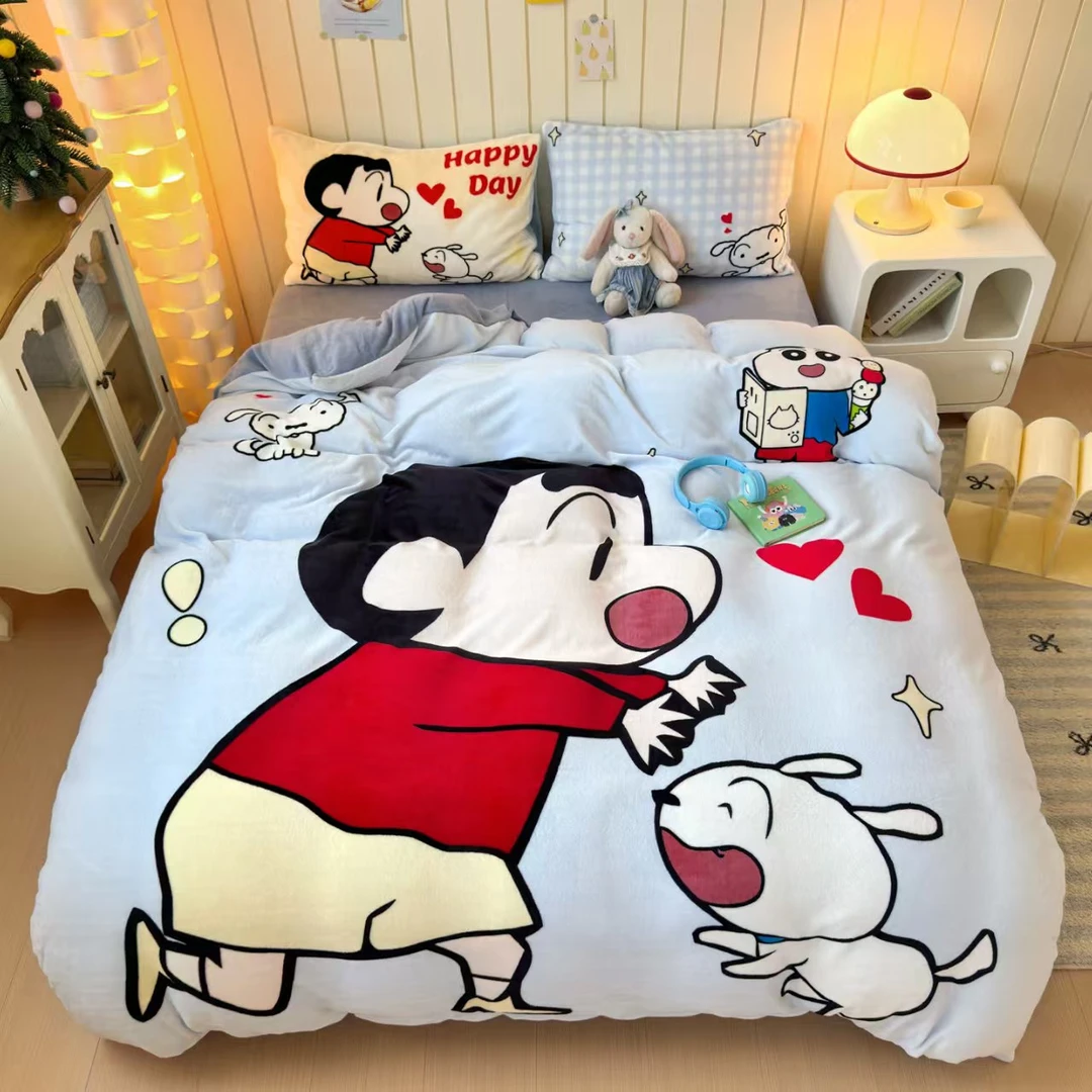 牛奶绒四件套大版数码印花可爱加绒被套被罩学生宿舍床单三件套