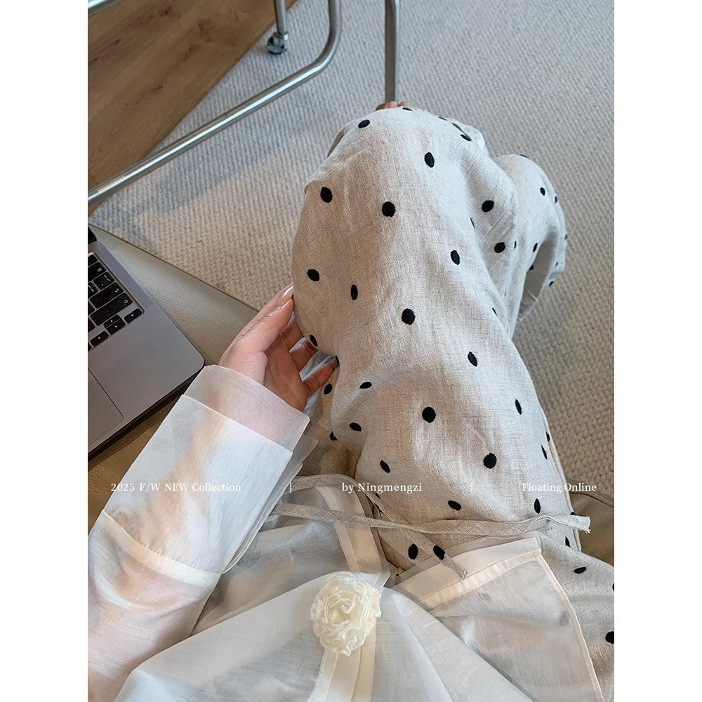 松弛感亚麻波点休闲直筒裤女2025夏季新款简约百搭宽松阔腿裤子韩