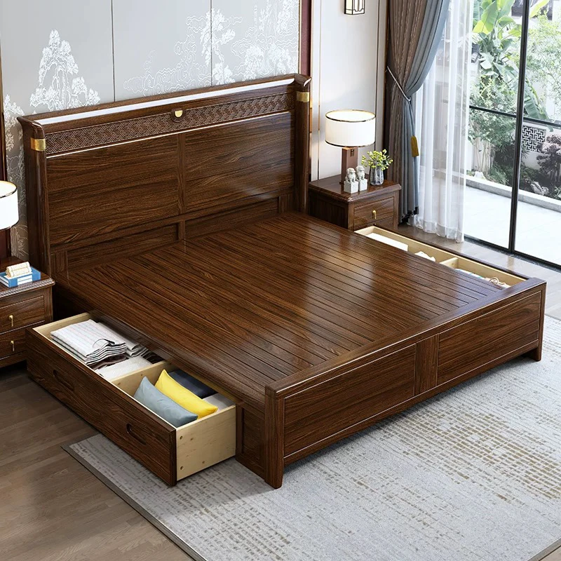 抽屉箱体补差价新中式轻奢单人实木床成套设计