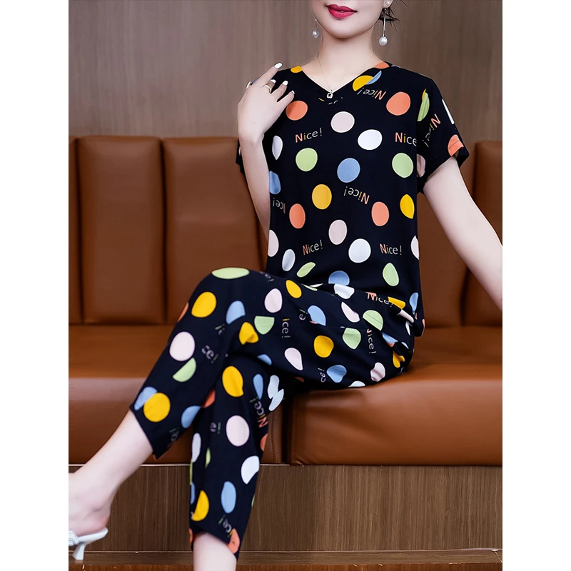 【九分】夏季高端棉绸显瘦可外出时尚休闲宽松家居服套装睡衣女套装