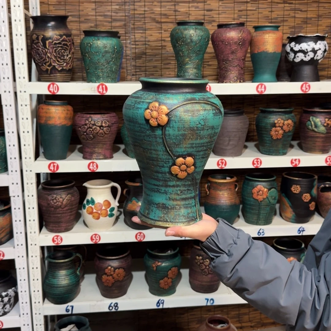 红陶红陶浮雕花盆炸炸炸