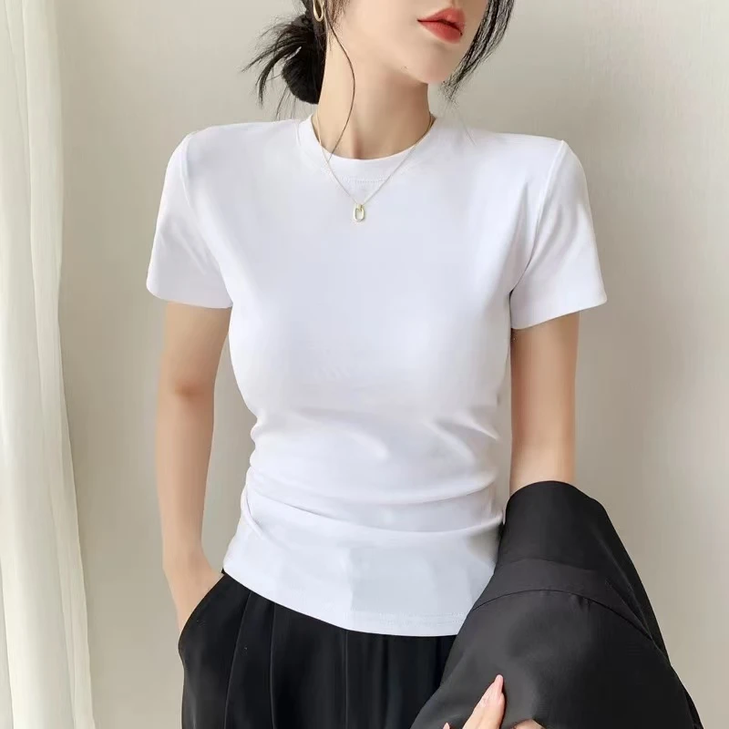 女士短袖圆领纯色休闲短款T恤女士显瘦白色纯棉时尚百搭夏季半袖