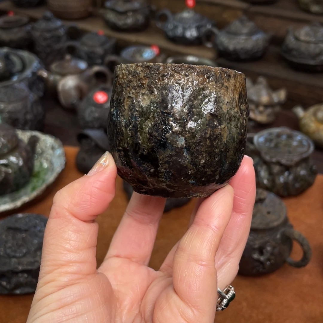 壶手捏孤品金属彩柴烧杯