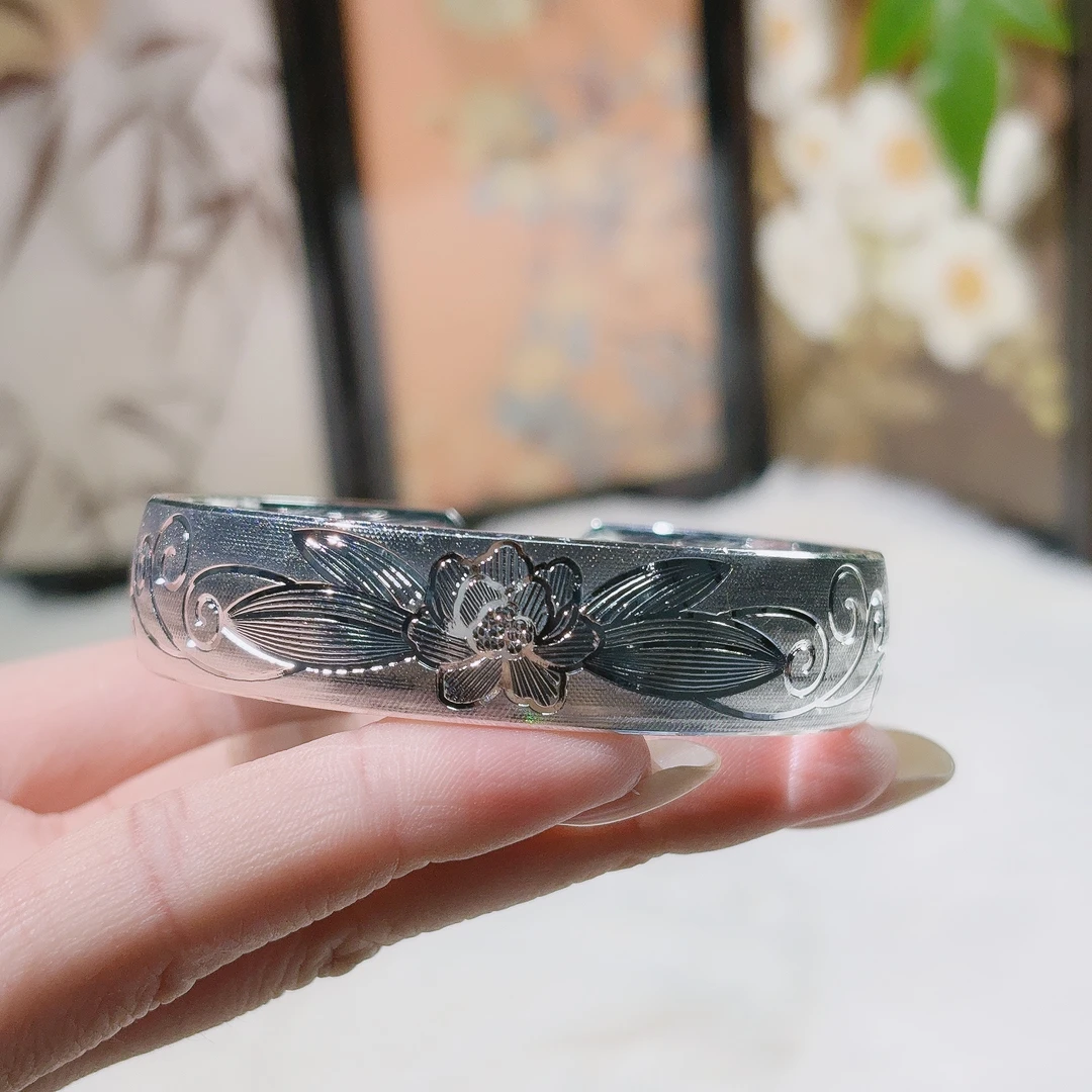 足银手镯 足银手镯 【荃湾银饰】18足银999.9花开富贵实心莲花