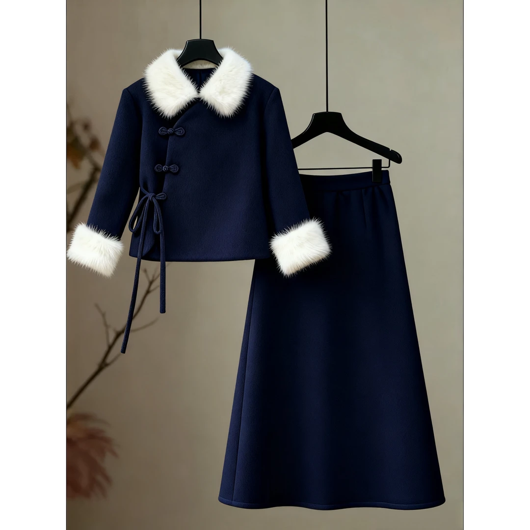 名媛新中式穿搭一整套女2025新款加绒斜襟盘扣上衣气质半身裙套装