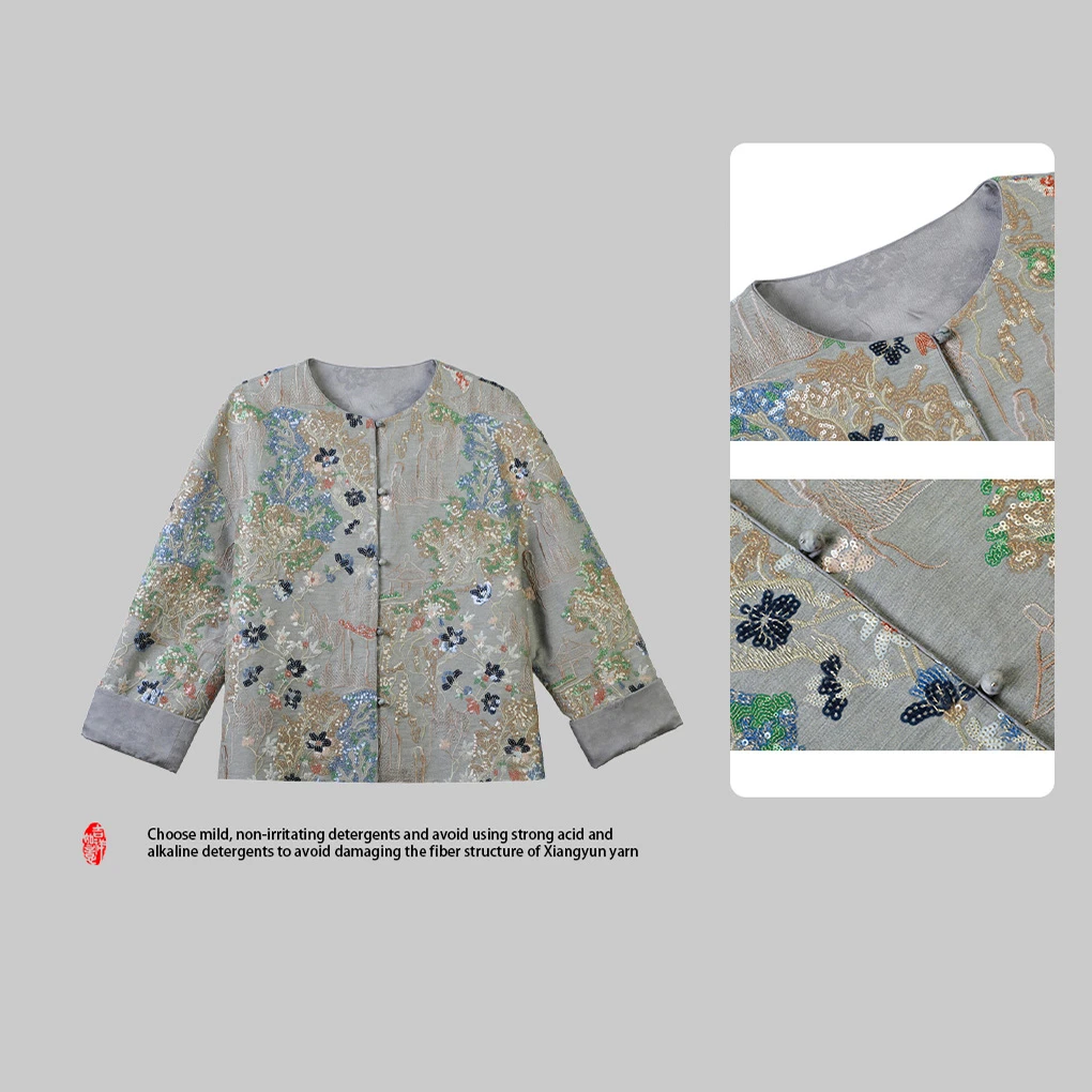 萱 新中式国风新款春秋时尚复古宽松圆领长袖短款外套 378224