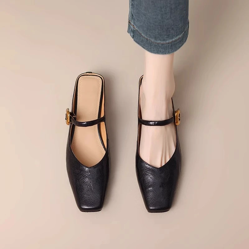 羊皮版~法式低跟包头半拖鞋女外穿2025年夏季新款百搭粗跟凉拖鞋