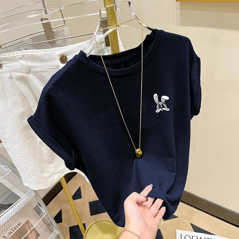 小飞袖正肩短袖t恤女夏季2025新款设计感百搭显瘦圆领藏青色上衣