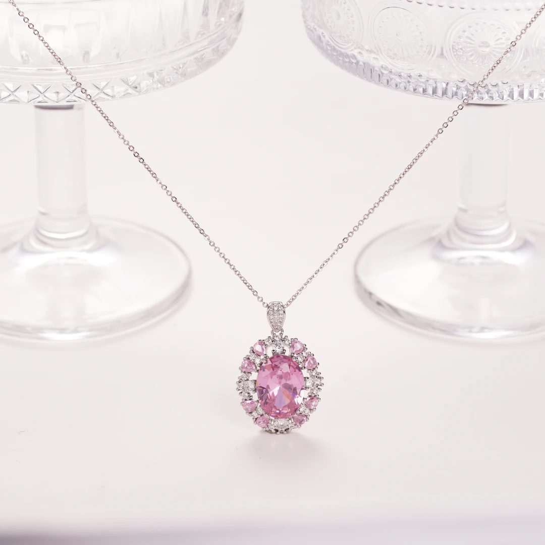 铜合金合成锆石项链 铜合金合成立方氧化锆百搭粉色项链-7179