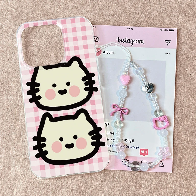 粉格纹猫咪适用苹果13手机壳软iphone16pro/15小米vivo华为oppo套