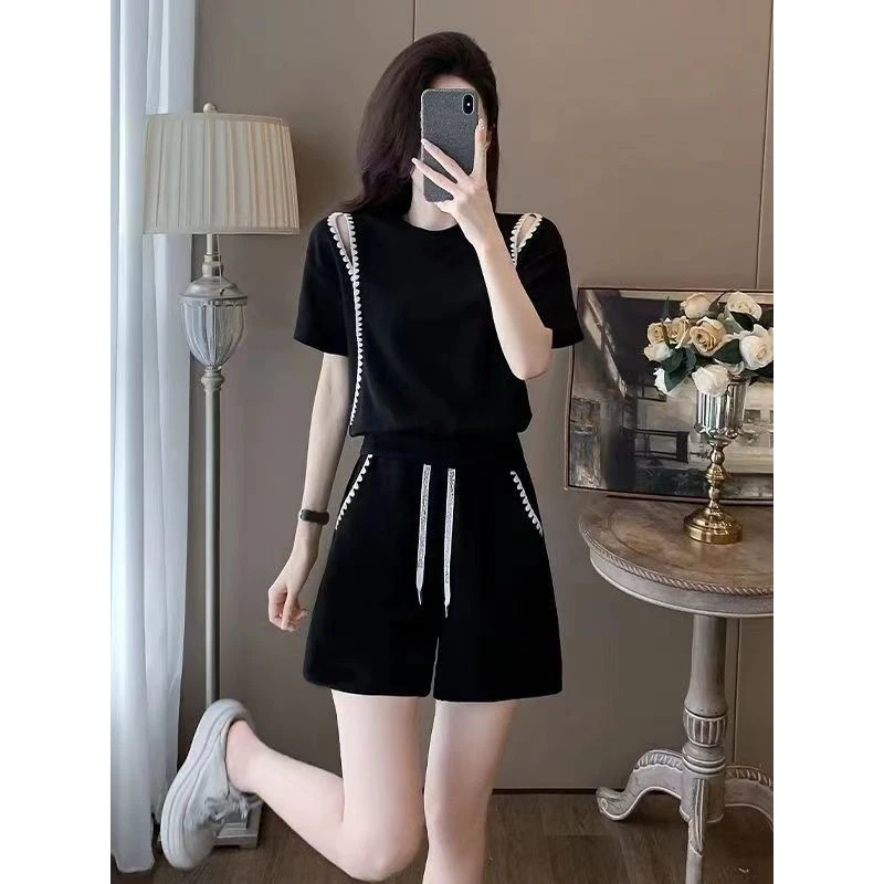 休闲运动服套装女夏季新款露肩短袖小个子宽松气质高腰短裤两件套