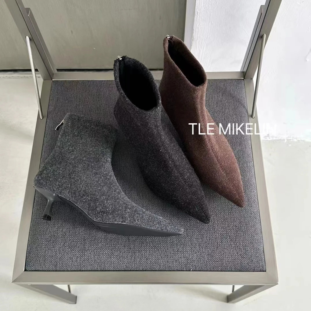 法式毛呢短靴女2025秋冬细跟尖头瘦瘦靴气质时装靴后拉链女靴百搭