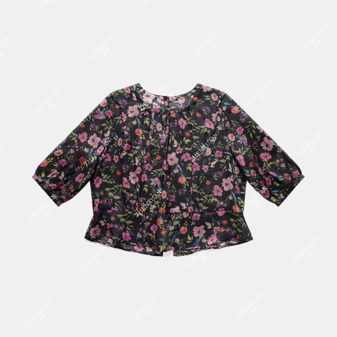 D149-2-方领苎麻碎花夏季灯笼袖文艺气质麻衫小衫