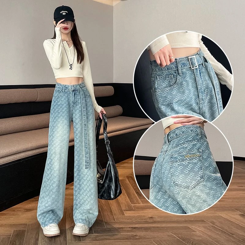 高腰宽松字母印花直筒牛仔裤女2025设计新款显瘦提花阔腿拖地裤子