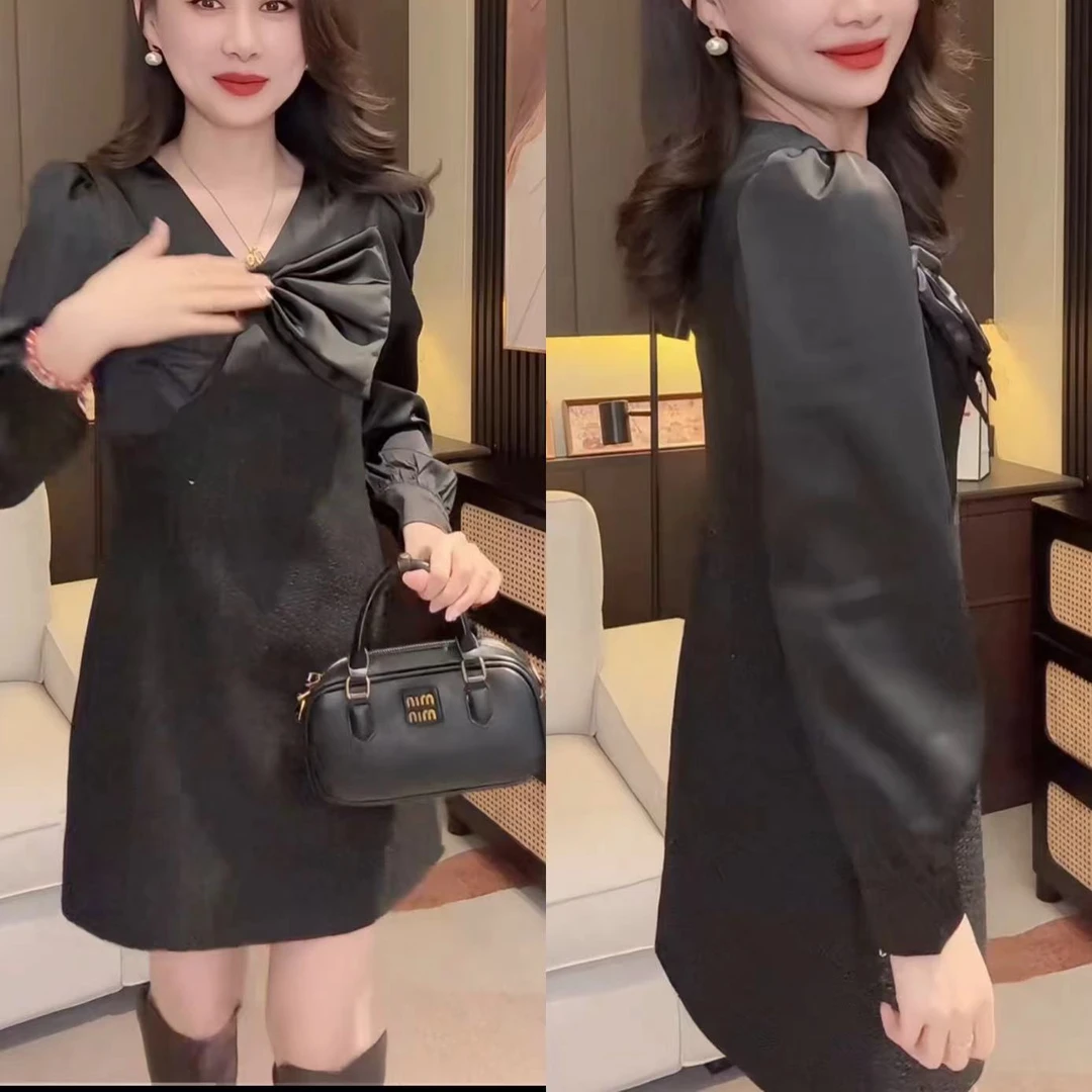 蝶结春秋赫本修身连衣裙洋气时尚新款裙子0939