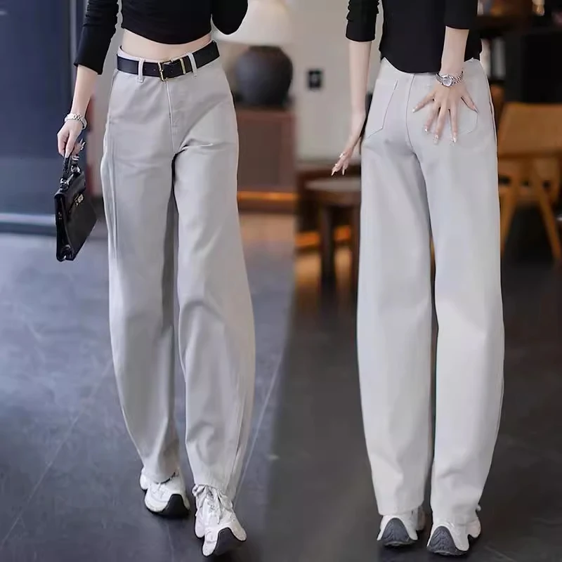 高端莫兰迪灰牛仔裤女2025春季新款高腰宽松显瘦窄版阔腿裤弯刀裤