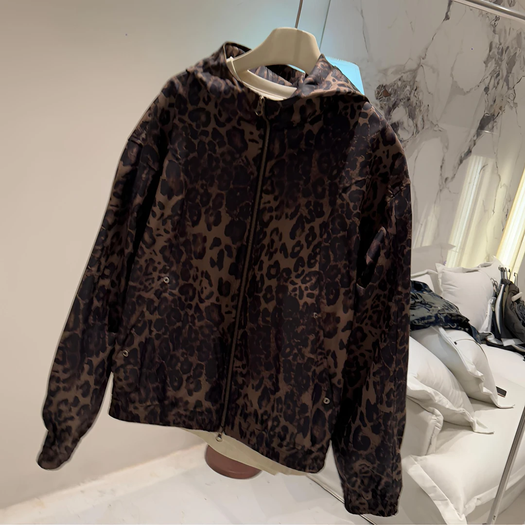 小侯+9917早秋新款时尚百搭长袖休闲带帽收口袖夹克豹纹连帽外套