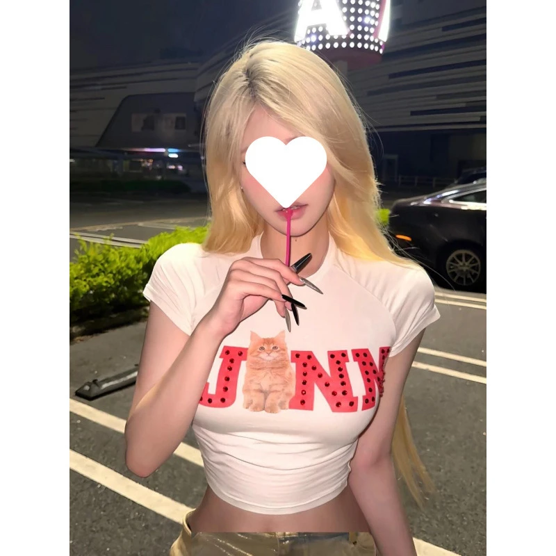 【店铺】美式复古辣妹字母印花纯棉短袖T恤女夏季新款修身显